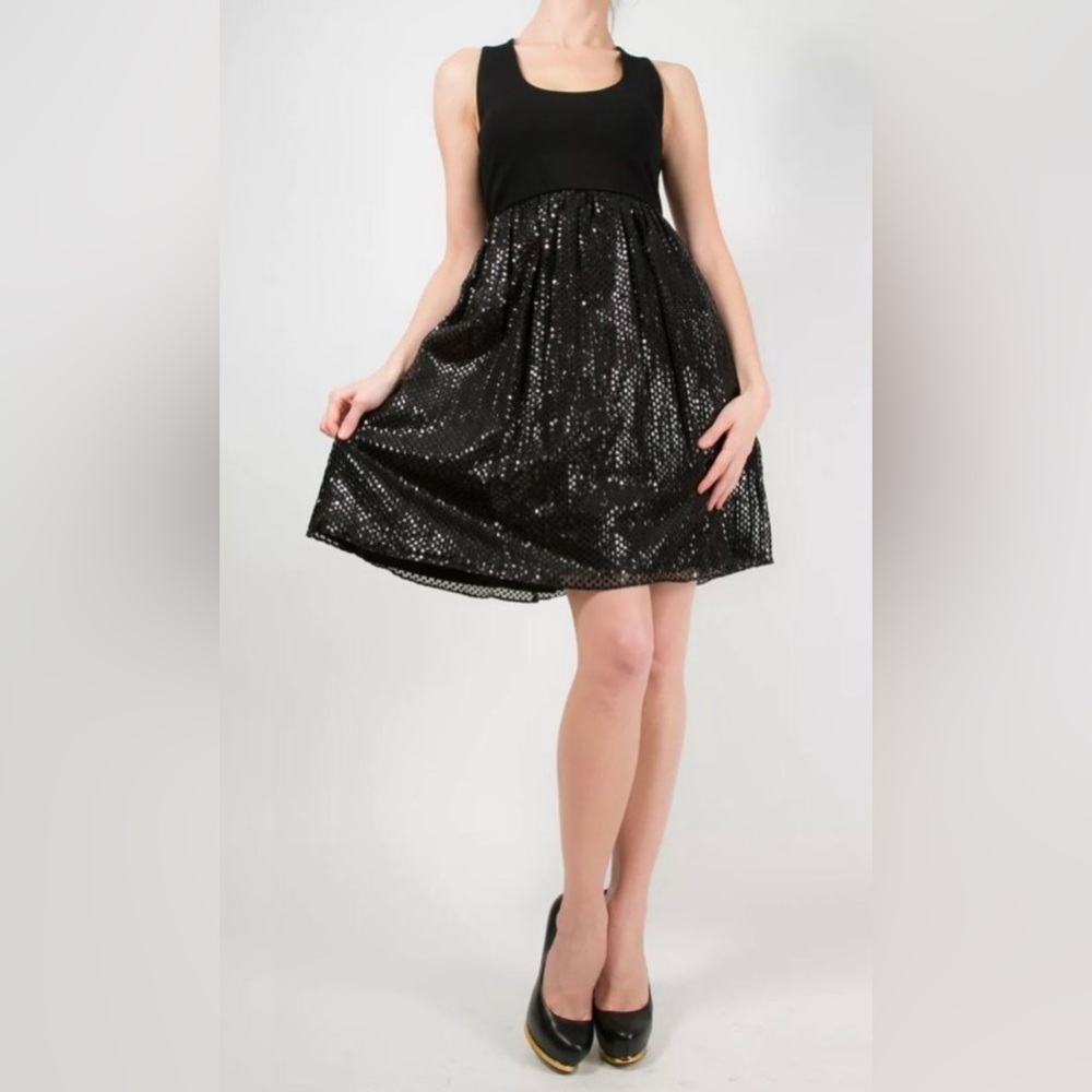Alice + Olivia Black Sequin Party Dress Babydoll Checkered Sleeveless
